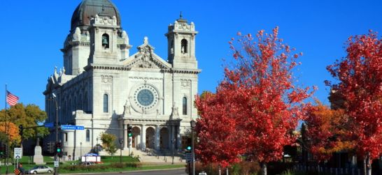 A view of the entrance and steeple of The Basilica of Saint Mary in Minneapolis